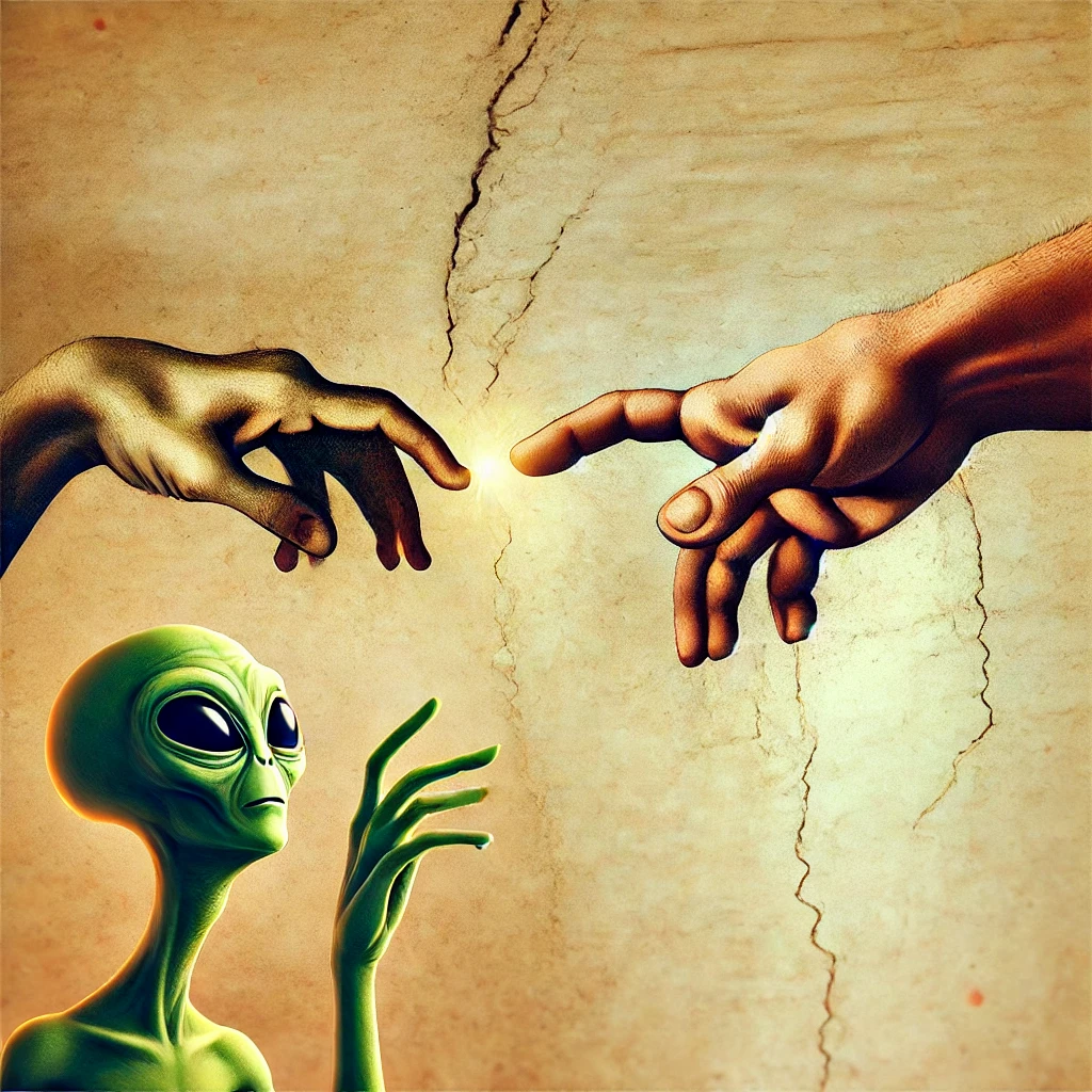 Kontakt Domiversum – Die Kunst der Kontaktaufnahme Kontakt Domiversum – Eine menschliche Hand und eine Alien-Hand mit grünlicher Haut und langen Fingern berühren sich, inspiriert von Michelangelos ‘Die Erschaffung Adams’. Humorvolle Darstellung für die Kontaktaufnahme.