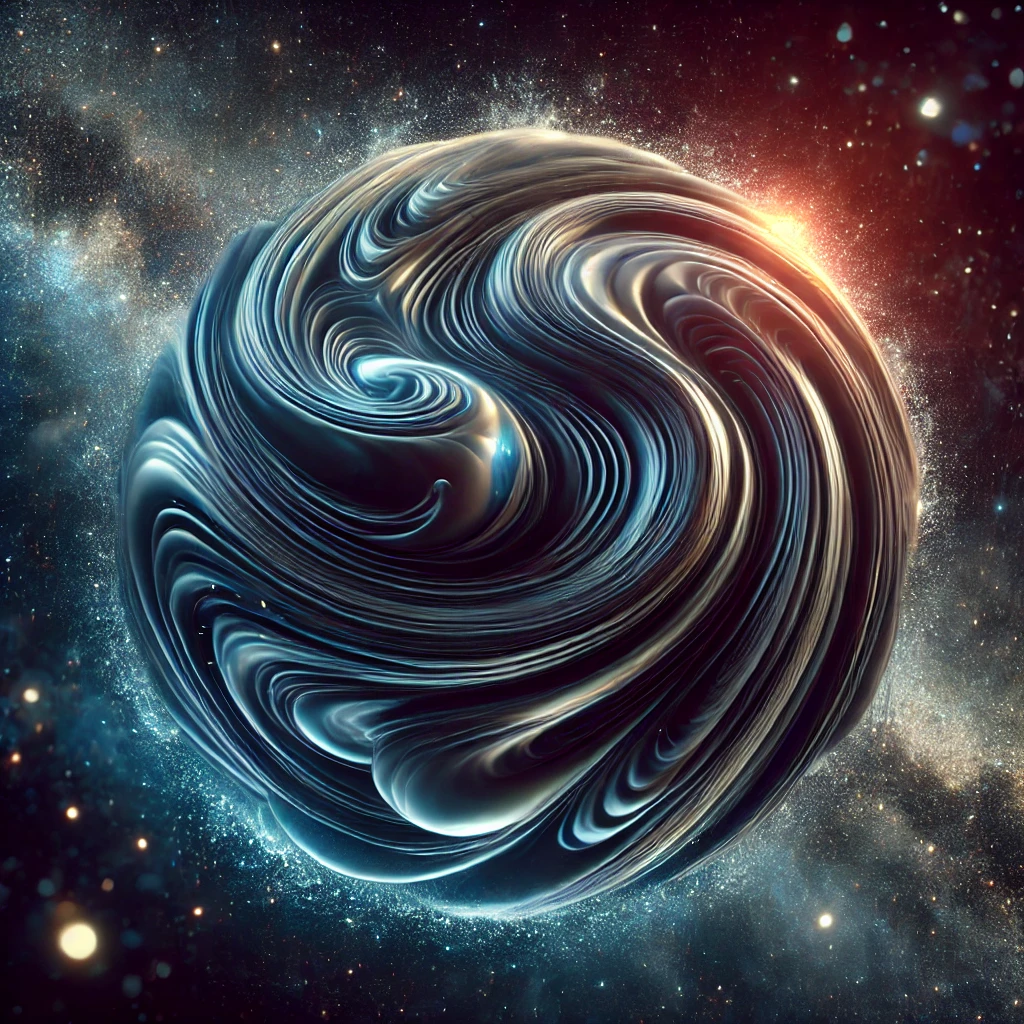 Verwirbelter kosmischer Tropfen im Weltraum, mit vielen Kurven und Wellen auf der Oberfläche, Lichtreflexionen und einem mysteriösen Leuchten im Inneren – Darstellung der Struktur des Universums im Tropfenmodell des Universums