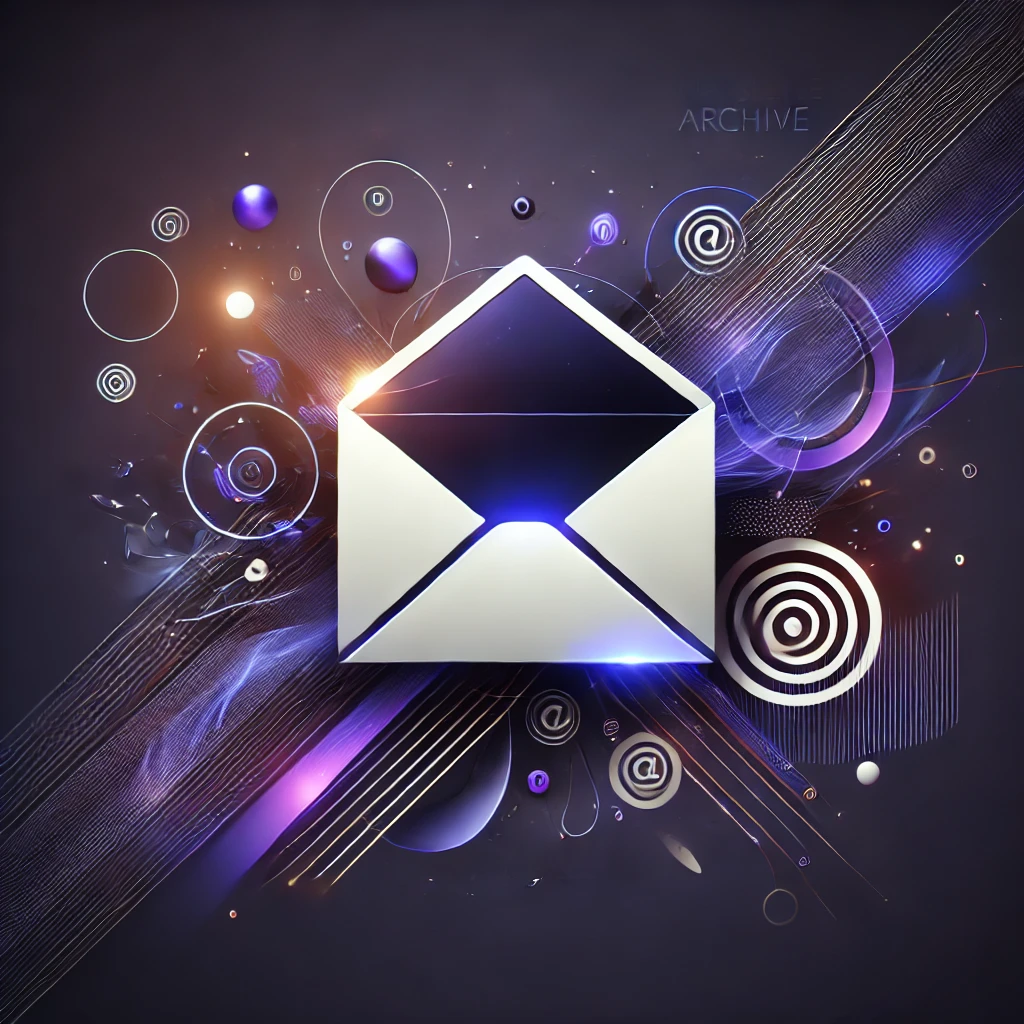Offener Briefumschlag mit leuchtendem Effekt, umgeben von abstrakten Formen und Lichtspuren auf dunklem Hintergrund – Symbol für ein Newsletter-Archiv