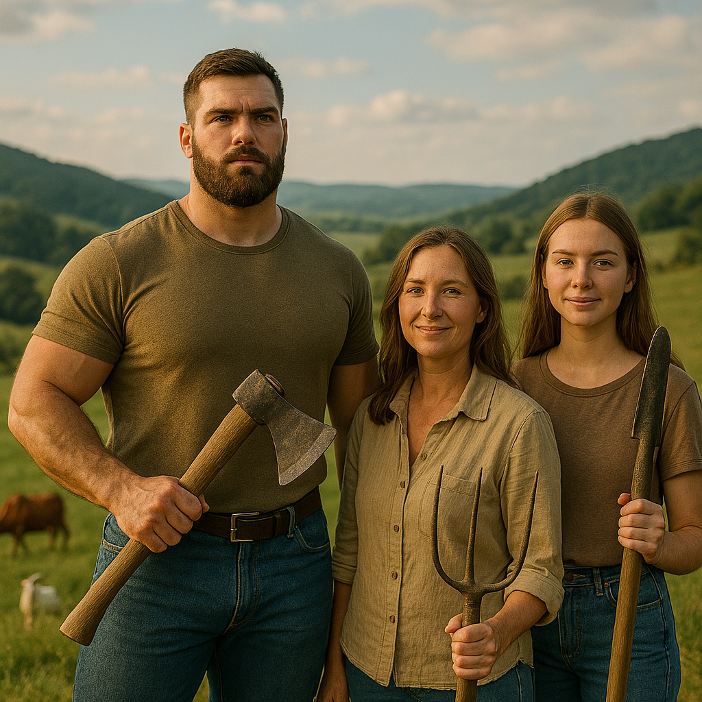Starke Bauernfamilie mit Axt, Mistgabel und Schaufel in der Hand auf einem hügeligen Bauernhof – Symbol für Selbstbestimmung und Unkontrollierbarkeit