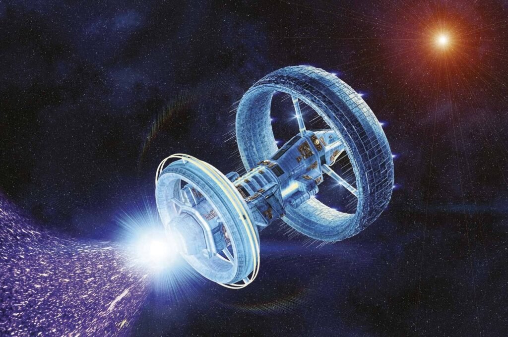 Blaues Licht-Raumschiff in hoher Geschwindigkeit – visualisiert die Wait Equation in Aktion