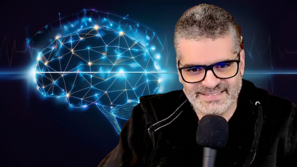 Bernardo Kastrup mit digitalem Gehirn im Hintergrund – Symbol für seine Bewusstseinstheorie