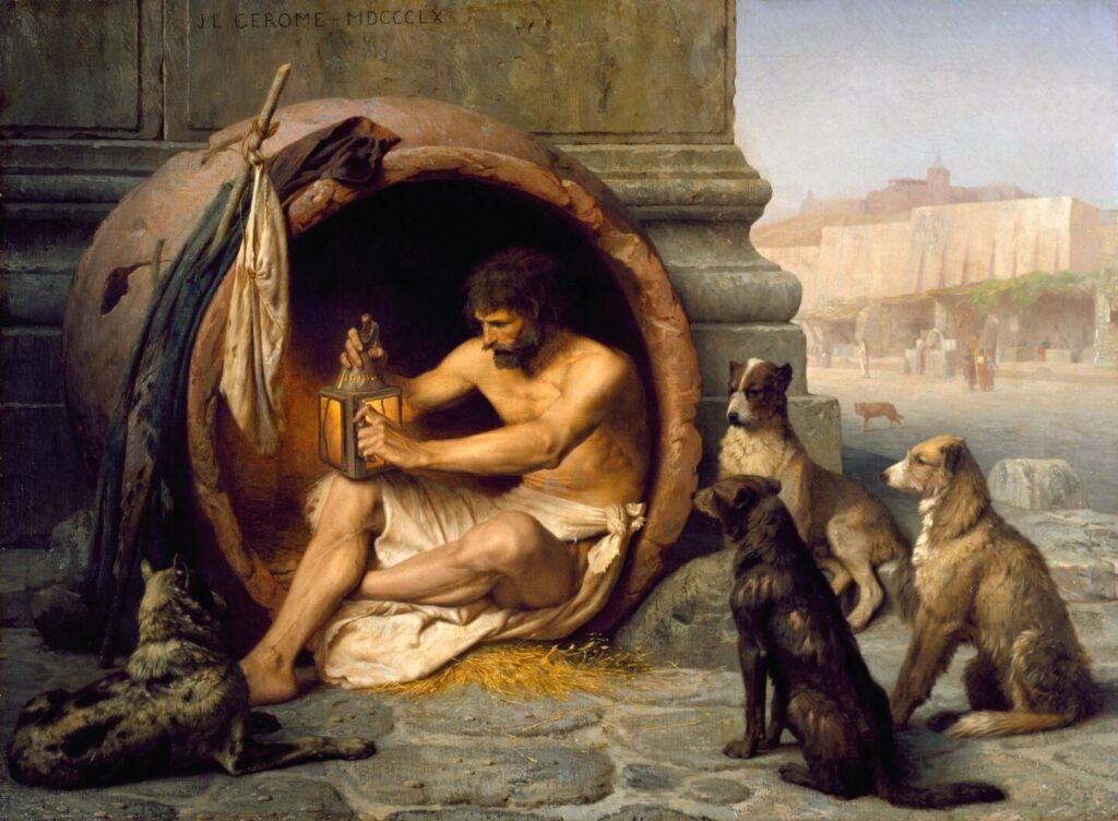 Klassisches Gemälde von Diogenes in seiner Tonne mit Hunden – Symbol des Zynismus und spirituellen Widerstands