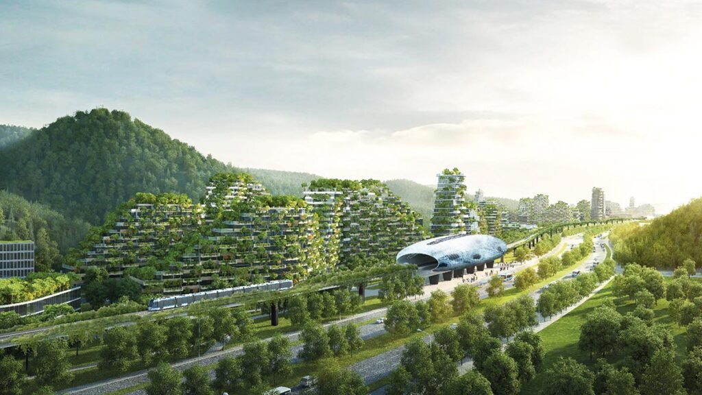 Visionäre Waldstadt mit moderner Infrastruktur in einer Welt im Dienst des Menschen