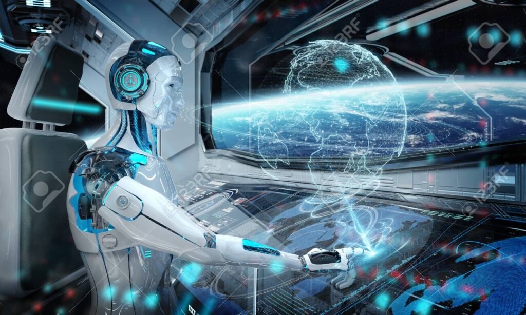 Cyborg im Raumschiff steuert interstellare Mission – Symbol für Bewusstseinstransfer in Androiden