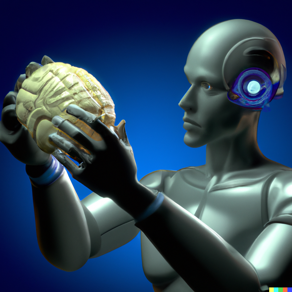 Darstellung eines Gehirns zwischen Roboterhand und menschlichem Finger – Symbol für Gedankenlesen durch KI
