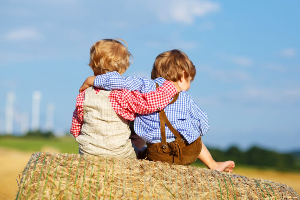 Zwei kleine Jungen auf einem Heuballen mit den Armen umeinander – früh gelebte wahre Freundschaft