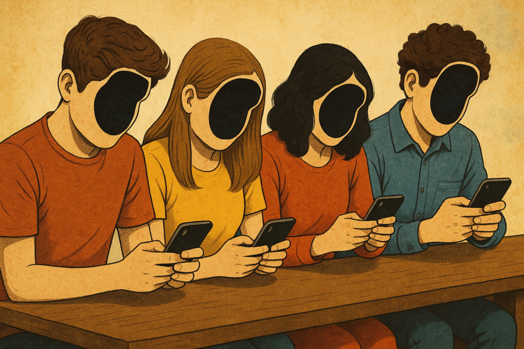 Vier Jugendliche mit leeren Gesichtern starren auf ihre Smartphones – kritisches Denken ist heute unerwünscht