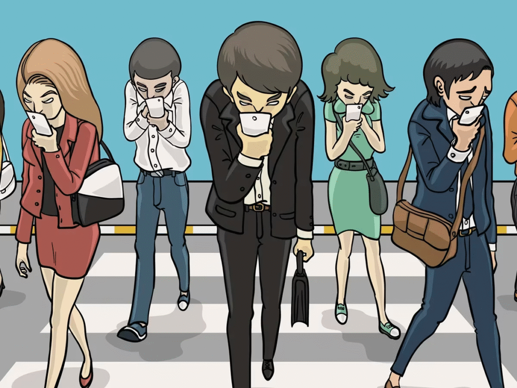 Karikatur von Menschen, die auf ihre Smartphones starren und echte Aufmerksamkeit vermissen lassen