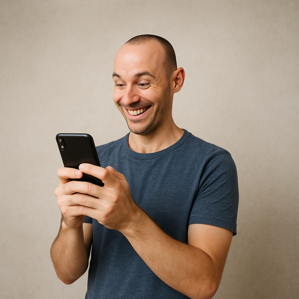 Ein lachender Mann schaut auf sein Handy – kritisches Denken ist heute unerwünscht