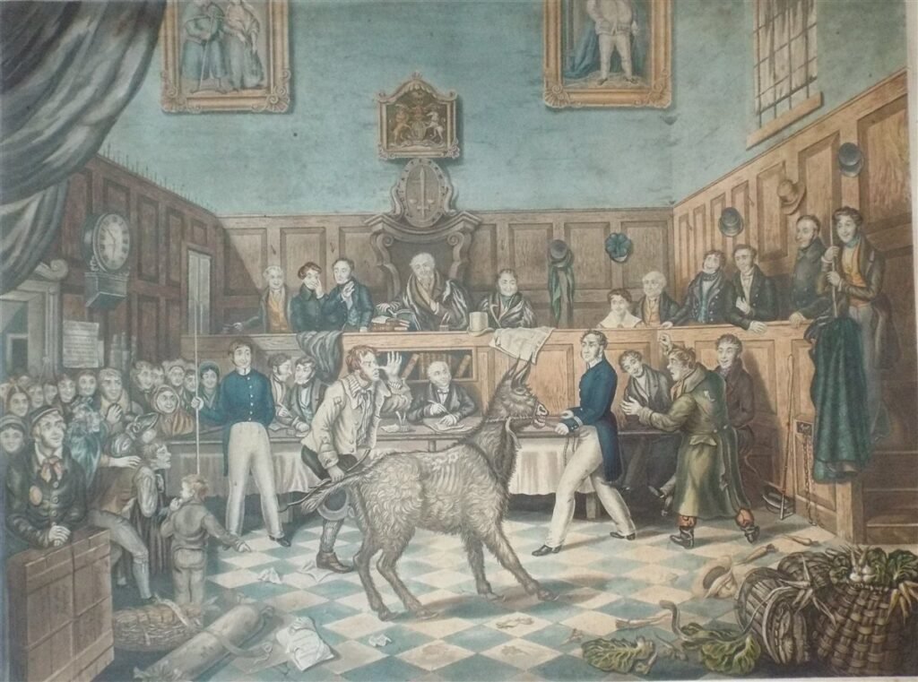 Historisches Gerichtsgemälde mit einer Ziege im Gerichtssaal – Tiere vor Gericht im Mittelalter