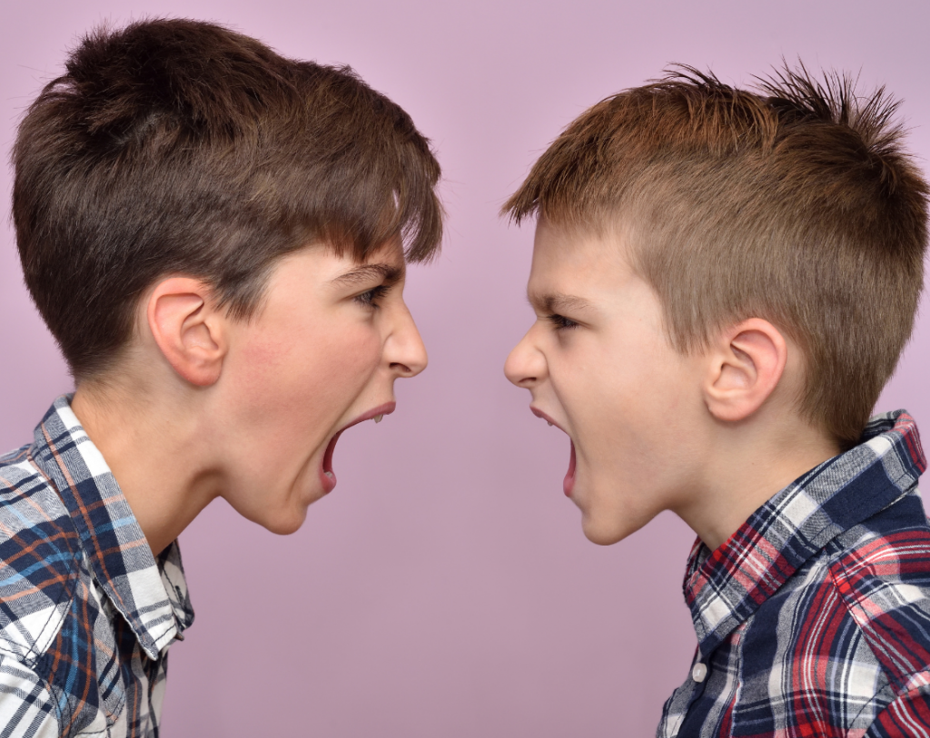 Zwei Jungen schreien sich an – Sinnbild für emotionale Konflikte vor dem Ziel, nie wieder zu streiten