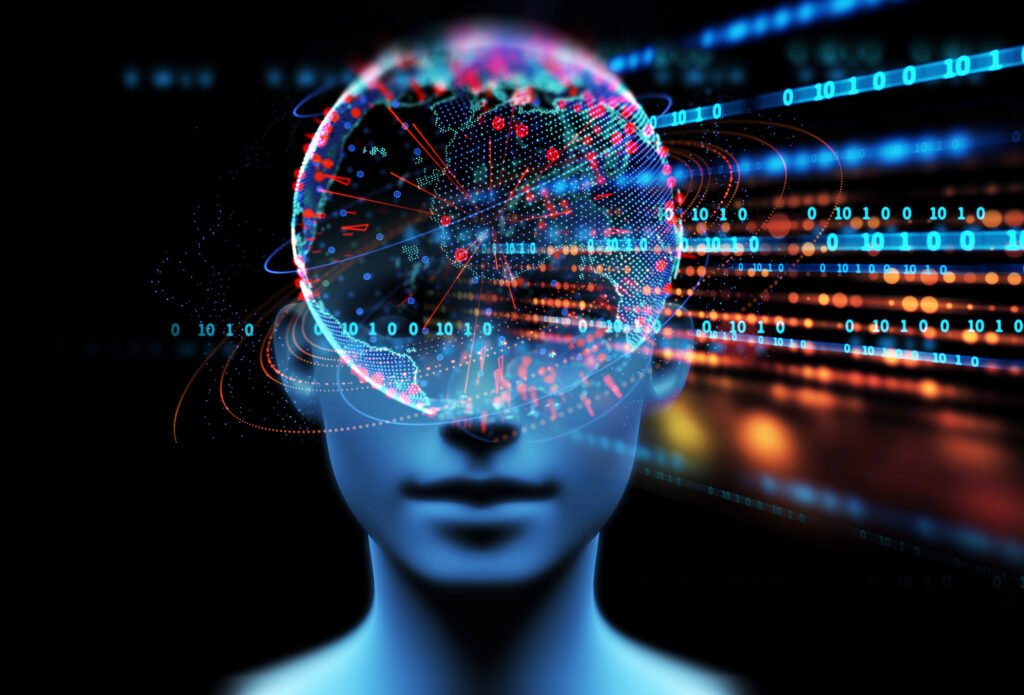 Virtuelle Darstellung eines menschlichen Kopfes mit Datenflüssen und Weltkarte – Symbol für Gedankenlesen durch KI