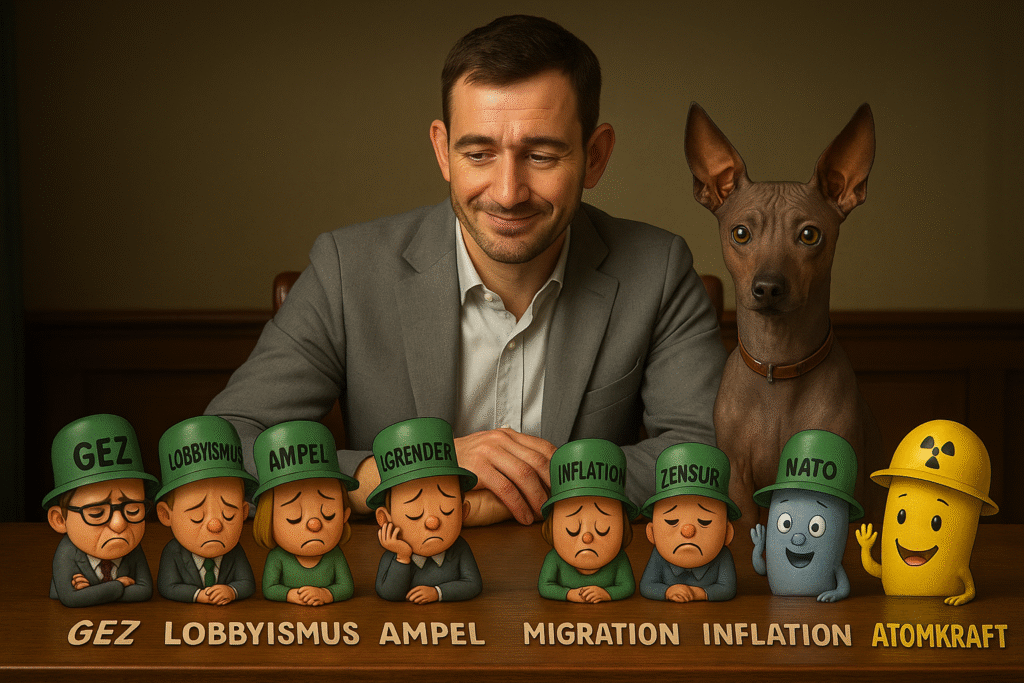 Karikatur eines Politikers mit Miniaturfiguren von GEZ, Lobbyismus, Ampel, Migration, Inflation, NATO und Atomkraft – Szene aus dem Artikel „Wenn ich Kanzler wäre“