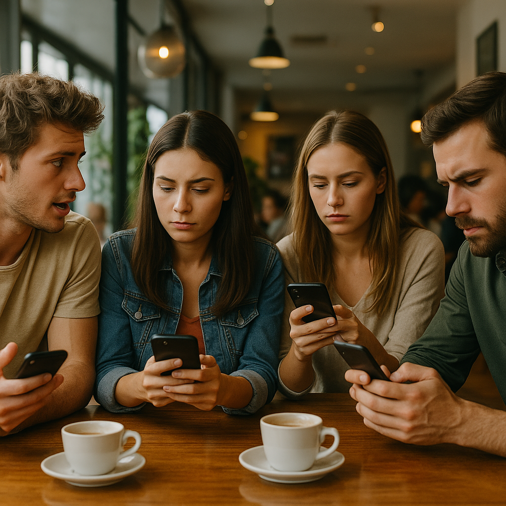 Vier Menschen sitzen im Café, starren auf ihre Handys und ignorieren einander – echte Aufmerksamkeit