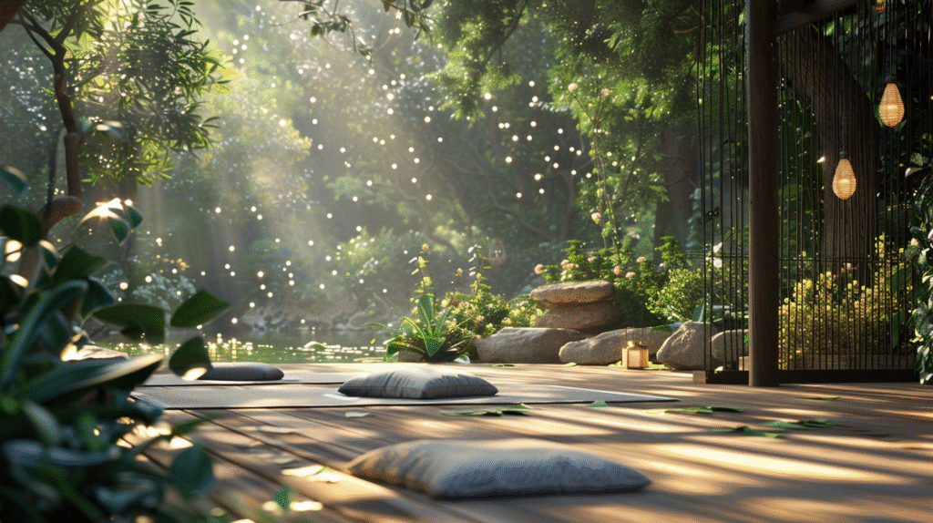 Sonnenlicht durchflutet meditative Gartenoase – Ausdruck der Harmonie von Garten und Geist des Waldes
