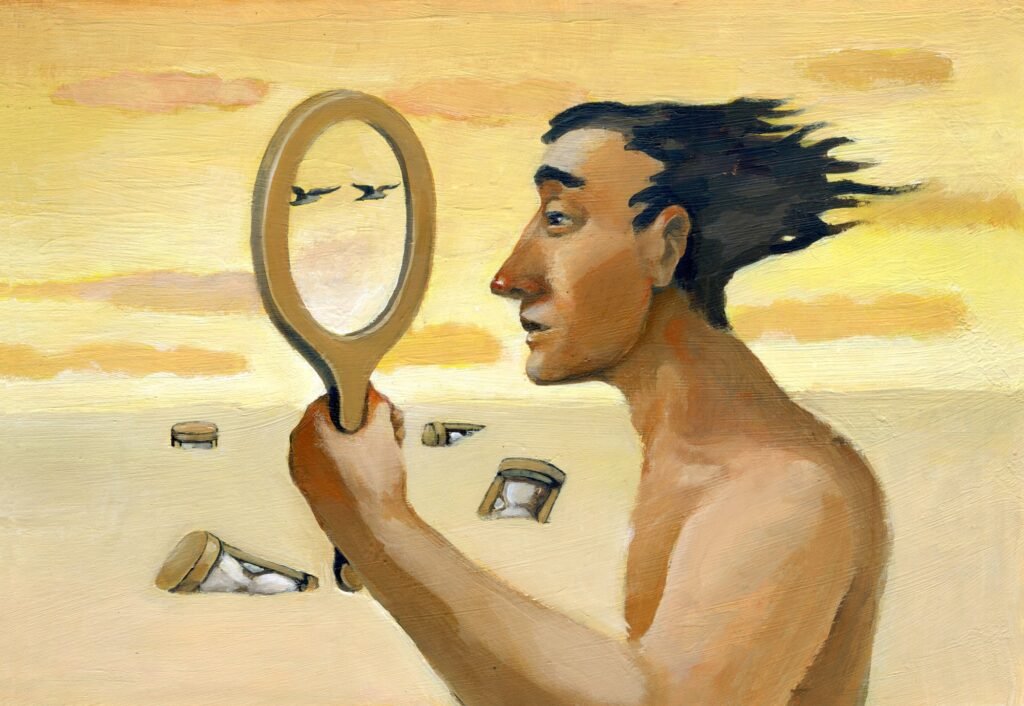 Gemaltes Porträt einer Person mit Handspiegel, in dem der Himmel zu sehen ist – Darstellung von radikaler Selbstehrlichkeit als poetischer Prozess.