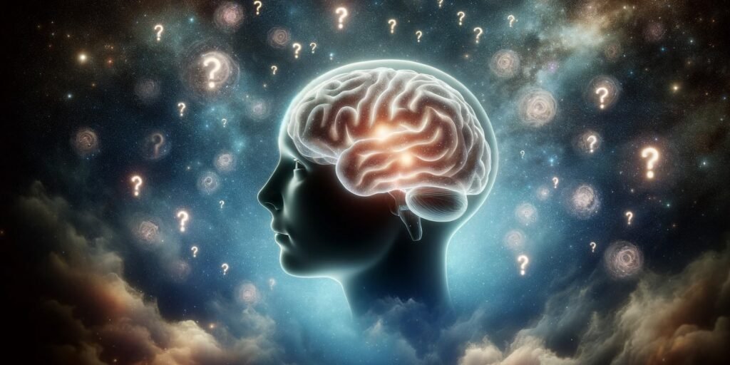 Gehirn mit Fragezeichen im Weltraum als Sinnbild für den Mind Blanking Bewusstseinszustand