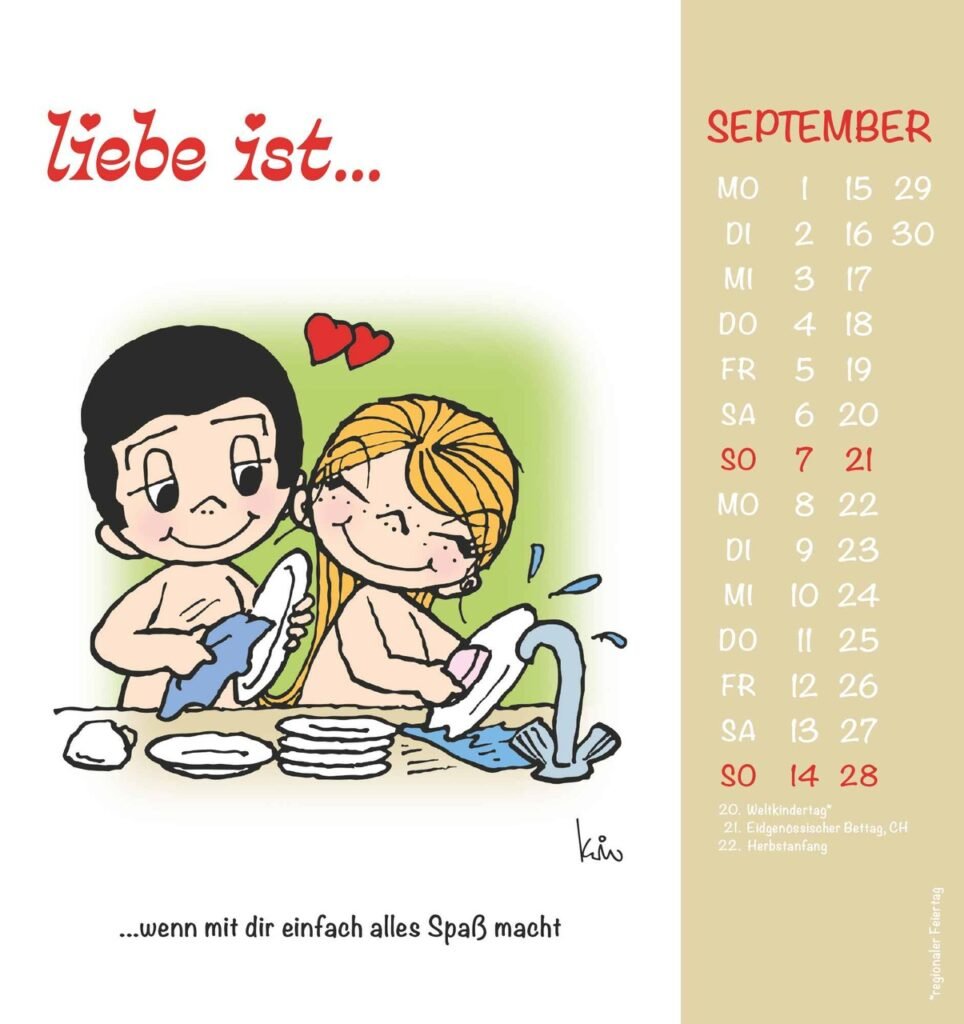 Liebe ist, wenn mit dir einfach alles Spaß macht – Cartoon mit Pärchen beim Abwasch