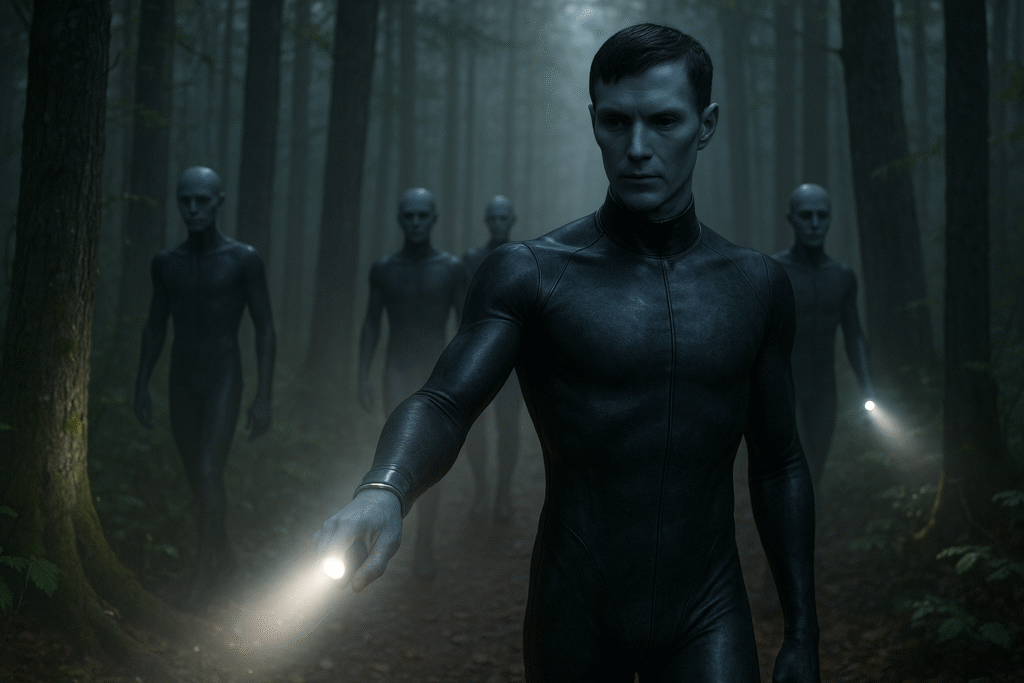 Menschlich aussehende Aliens mit Hightech-Armbandlicht durchkämmen nachts einen Wald – Symbolbild für Alien-Invasion überleben
