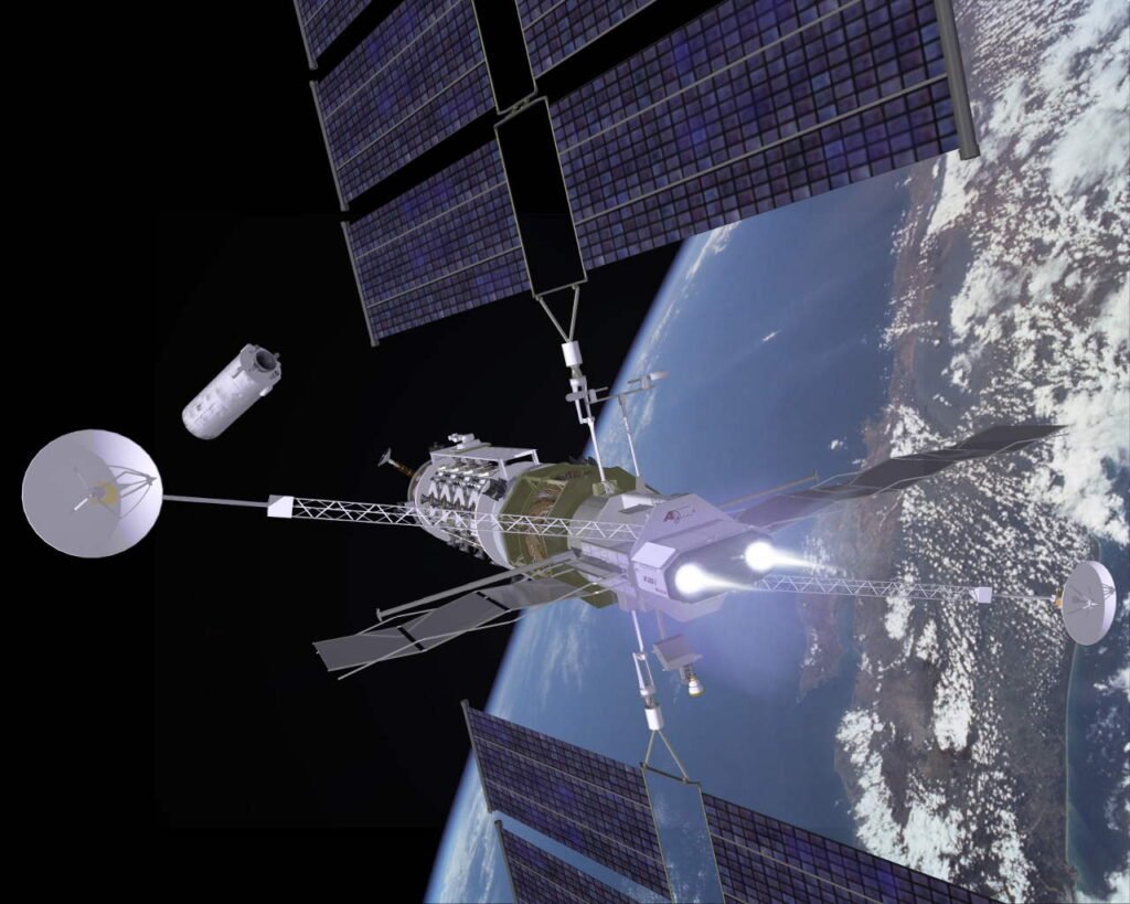 Illustration eines futuristischen Raumschiffs mit Solarsegel im Erdorbit – Symbol für Weltraumfahrt ohne Treibstoff