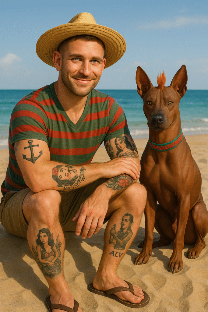 Dominik und sein Xoloitzcuintle Odin in der Wüste – authentisches Begrüßungsbild für die Startseite von Domiversum