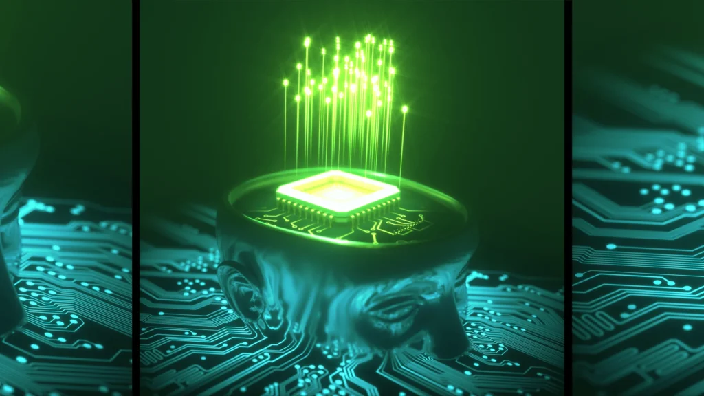 Symbolbild für den Kontrollverlust über Künstliche Intelligenz mit Mikrochip und neuronalen Datenströmen