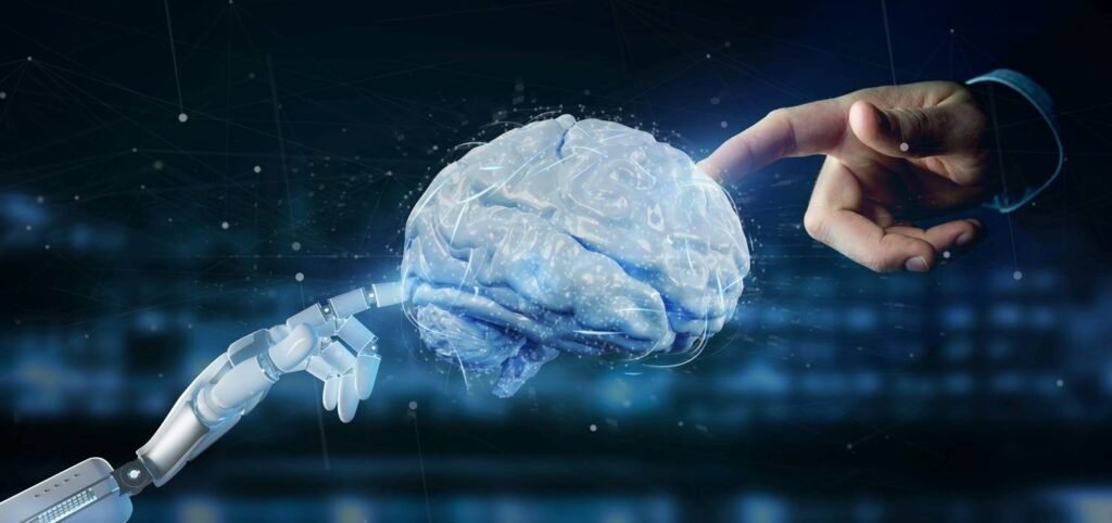 Menschliche Hand und Roboterfinger berühren ein Gehirn – ein Sinnbild für den Konflikt zwischen KI und der Fähigkeit, Bewusstsein und Urteilskraft schärfen zu müssen