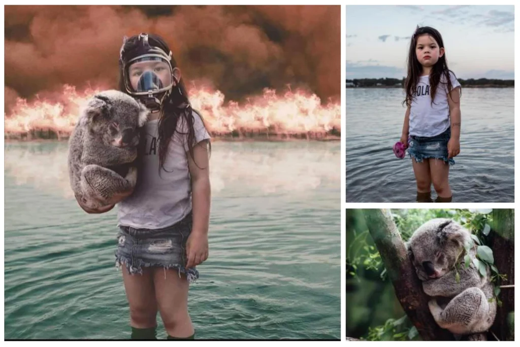 Sprache im Krieg: Manipuliertes Bild eines Kindes mit Koala vor brennender Kulisse als Beispiel für emotionale Medieninszenierung.