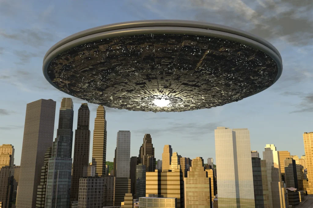 Riesiges Alien-Raumschiff über der Stadt während einer Alien-Invasion überleben