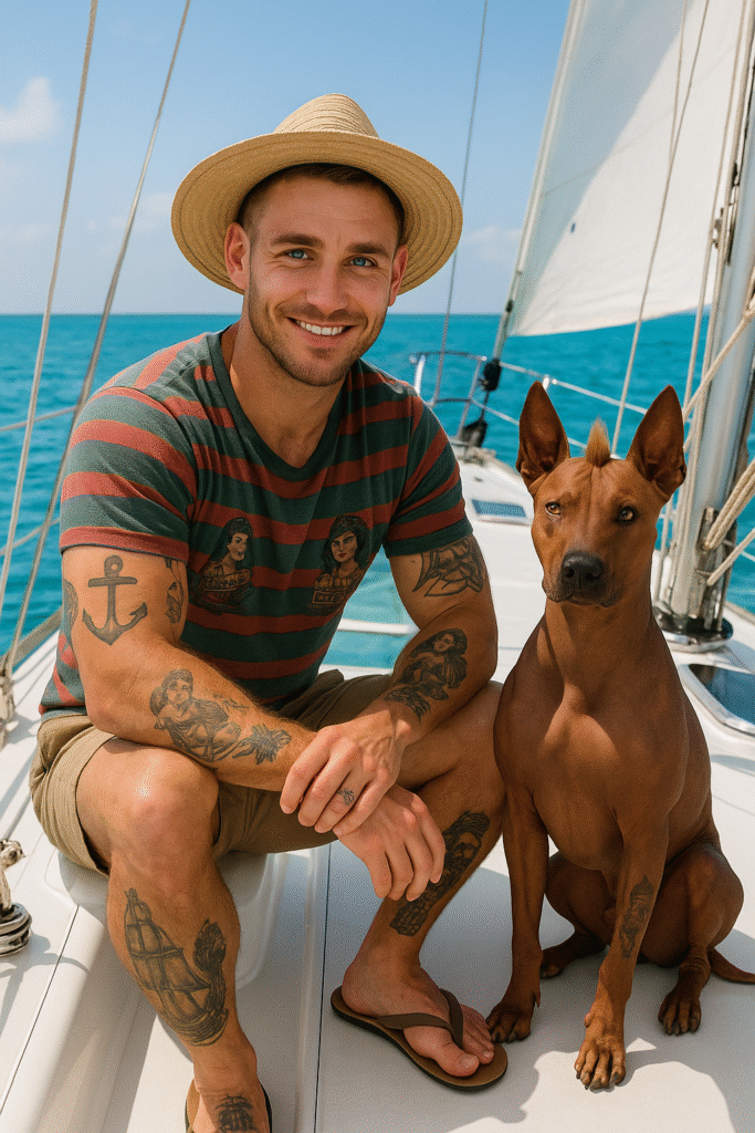 ueber-mich Dominik und Odin auf einem Segelboot im karibischen Meer – Bild für die „Über mich“-Seite von Domiversum