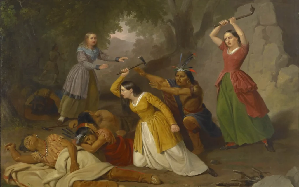 Historische Darstellung eines gewaltsamen Überfalls mit Beilen und Angst – reflektiert die Frage: Töten ein menschlicher Urinstinkt?