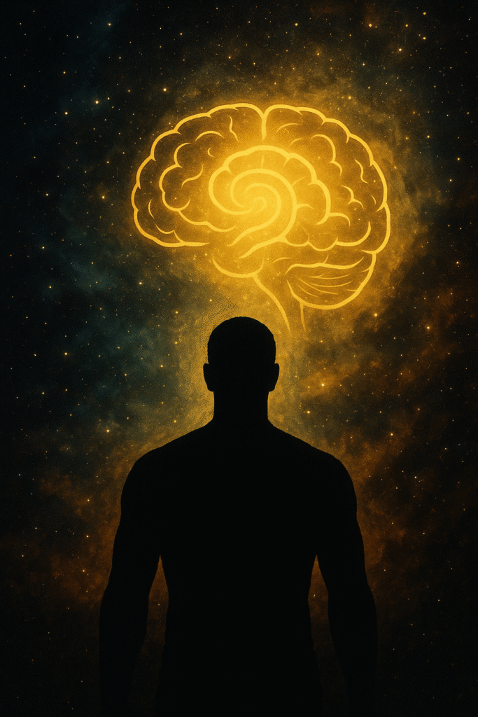 Silhouette eines Menschen vor einem leuchtenden Kosmos – abstrakte Darstellung des Bewusstseins als Urgrund nach Bernardo Kastrup