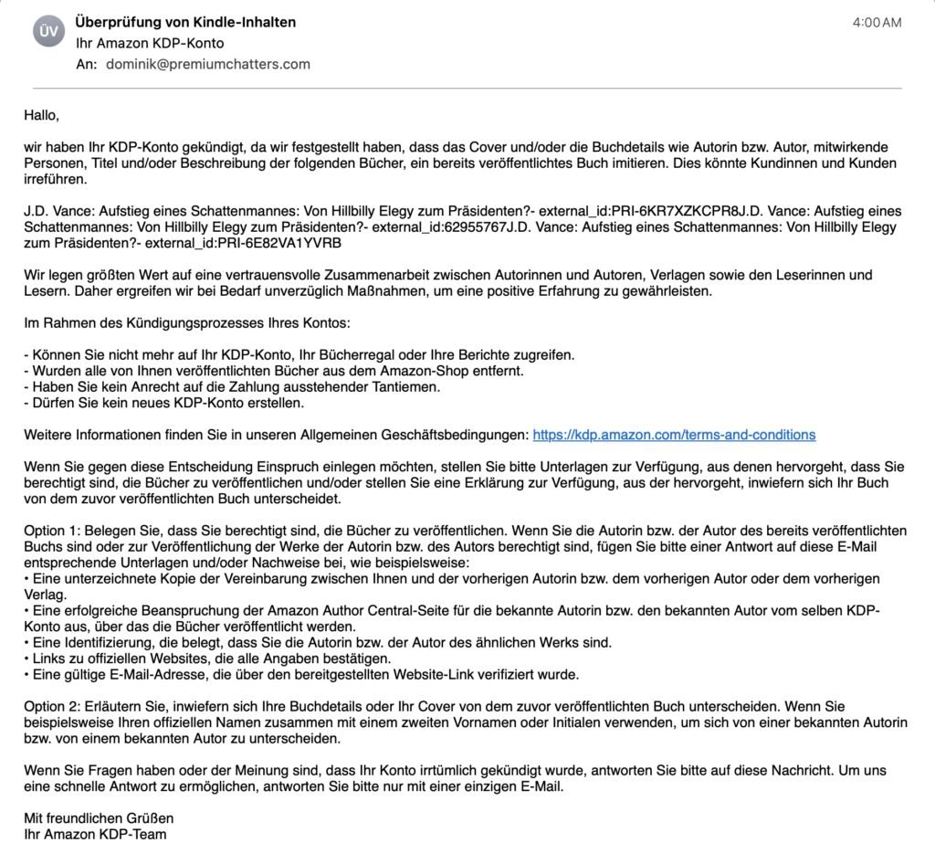 Screenshot der Kündigungs-E-Mail von Amazon KDP, in der das Konto eines Selfpublishers wegen angeblicher Irreführung gesperrt wurde