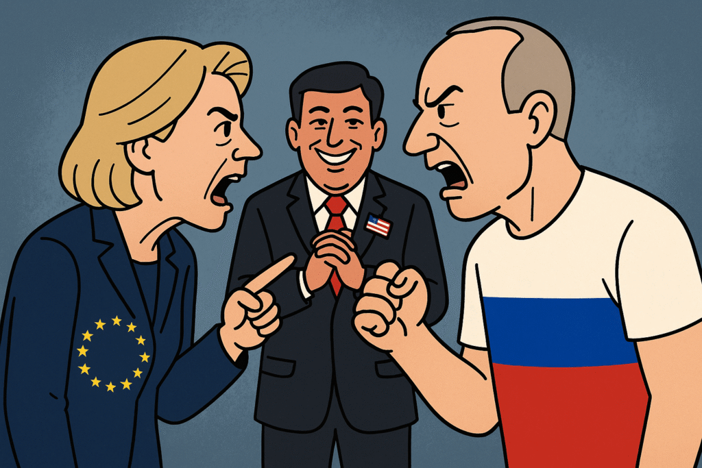 Karikatur: EU und Russland im Streit, während Trump im Hintergrund mit US-Flagge lächelnd die Hände reibt.