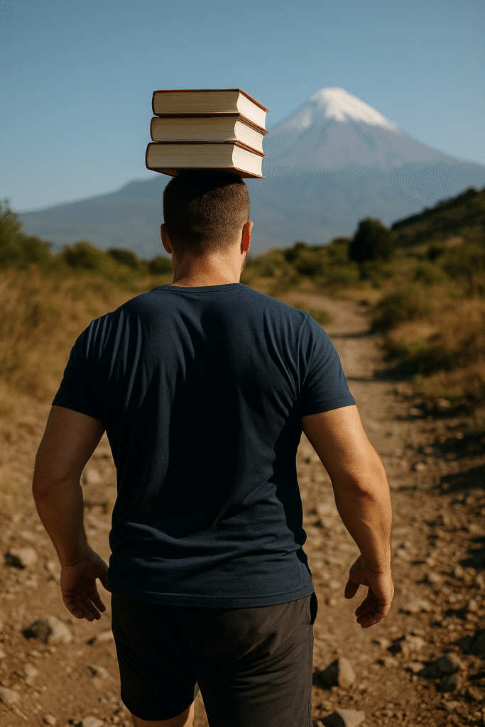 Ein Mann läuft von hinten ins Bild und balanciert einen Stapel Bücher auf dem Kopf – Sinnbild für Rückkehr und Inspiration