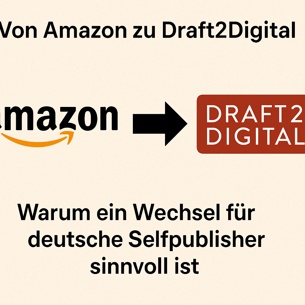 Grafik im Breitformat: Vergleich zwischen Amazon und Draft2Digital als Selfpublishing-Plattformen für Autoren in Deutschland.